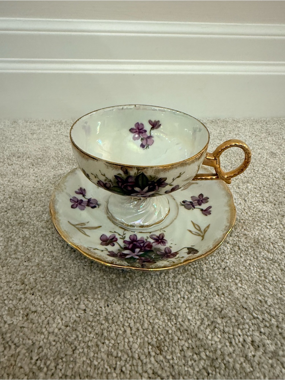 Vintage Floral Teacup and Saucer Set - Purple Floral with Gold Trim made in japa